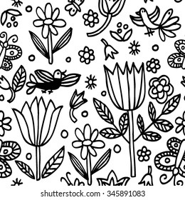 Floral vector monochrome background. Seamless pattern with hand drawn flowers and butterflies