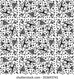 Floral vector monochrome background. Seamless pattern with hand drawn flowers, mushrooms and butterflies
