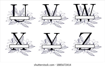 Floral vector monogram with letters and lilies. Line art. 