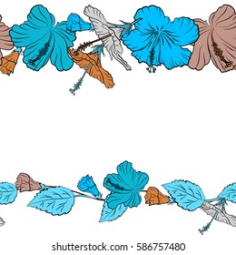 Floral vector motif on a white background. Tropical floral seamless pattern with horizontal hibiscus flowers in blue and orange colors and copy space (place for your text).