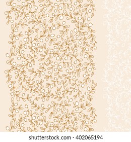 Floral vector nature background, vertically seamless pattern, leaves and lingonberries in ocher colors