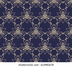 Floral vector navy blue and golden ornament. Seamless abstract classic background with flowers. Pattern with repeating elements
