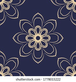 Floral vector navy blue and white ornament. Seamless abstract classic background with flowers. Pattern with repeating floral elements. Ornament for fabric, wallpaper and packaging