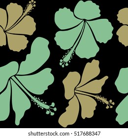 Floral vector on a black background. Tropical floral seamless pattern with hibiscus flowers in neutral colors.