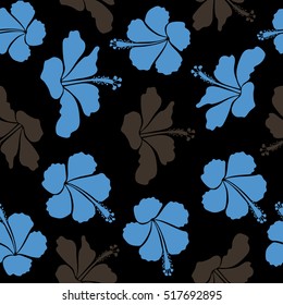 Floral vector on a black background. Tropical floral seamless pattern with hibiscus flowers in brown, blue and beige colors.