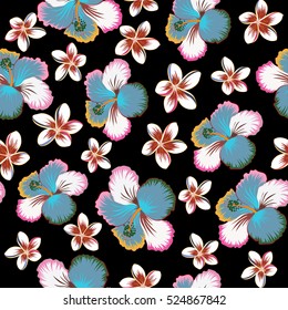 Floral vector on a black background. Tropical floral with hibiscus flowers in pink, brown and neutral colors.