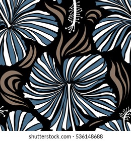 Floral vector on a black background. Tropical floral seamless pattern with hibiscus flowers in white and blue colors.