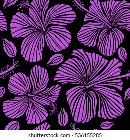 Floral vector on a black background. Tropical floral seamless pattern with hibiscus flowers in violet colors.