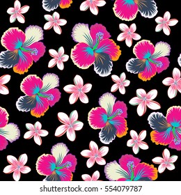 Floral vector on a black background. Tropical floral seamless pattern with hibiscus flowers in violet, neutral and blue colors.