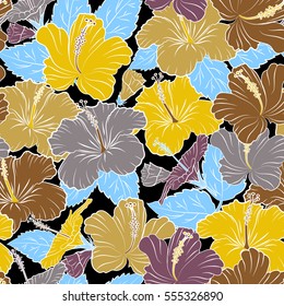 Floral vector on a black background. Tropical floral seamless pattern with hibiscus flowers in purple, gray and yellow colors.