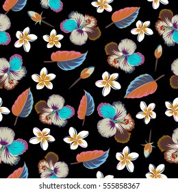Floral vector on a black background. Tropical floral seamless pattern with multicolor hibiscus flowers, buds and leaves.