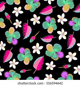 Floral vector on a black background. Tropical floral seamless pattern with multicolor hibiscus flowers, buds and leaves.