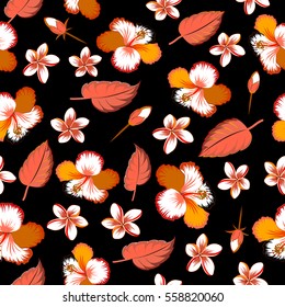 Floral vector on a black background. Tropical floral seamless pattern with multicolor hibiscus flowers, buds and leaves.