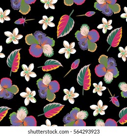 Floral vector on a black background. Tropical floral seamless pattern with multicolor hibiscus flowers, buds and leaves.