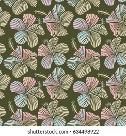 Floral vector on a green background. Tropical floral seamless pattern with multicolor hibiscus flowers.