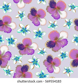 Floral vector on a neutral background. Tropical floral seamless pattern with multicolor hibiscus flowers, buds and leaves.