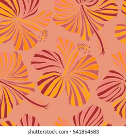 Floral vector on a pink background. Tropical floral seamless pattern with multicolor hibiscus flowers, buds and leaves.