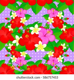 Floral vector on a violet background. Tropical floral seamless pattern with multicolor hibiscus flowers.