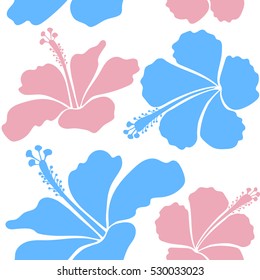 Floral vector on a white background. Tropical floral seamless pattern with hibiscus flowers in blue and pink colors.
