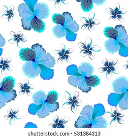 Floral vector on a white background. Tropical floral seamless pattern with hibiscus flowers in neutral, black and blue colors.