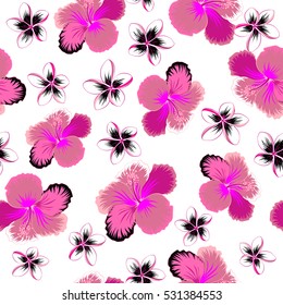Floral vector on a white background. Tropical floral seamless pattern with hibiscus flowers in neutral, pink and magenta colors.