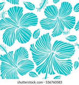Floral vector on a white background. Tropical floral seamless pattern with hibiscus flowers in blue colors.