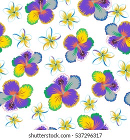 Floral vector on a white background. Tropical floral seamless pattern with hibiscus flowers in orange, yellow and blue colors.
