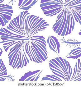Floral vector on a white background. Tropical floral seamless pattern with hibiscus flowers in violet and white colors.
