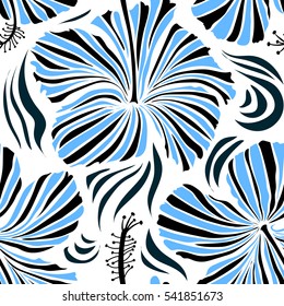 Floral vector on a white background. Tropical floral seamless pattern with hibiscus flowers in blue and black colors.