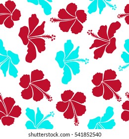 Floral vector on a white background. Tropical floral seamless pattern with hibiscus flowers in blue and red colors.