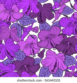 Floral vector on a white background. Tropical floral seamless pattern with hibiscus flowers in purple and violet colors.