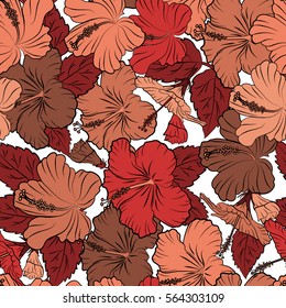 Floral vector on a white background. Tropical floral with hibiscus flowers in red, brown and orange colors.