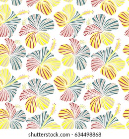 Floral vector on a white background. Tropical floral seamless pattern with hibiscus flowers in yellow and pink colors.