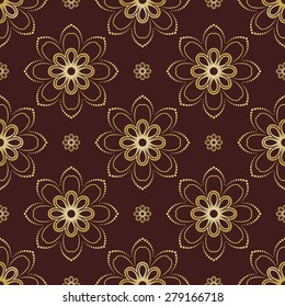 Floral vector oriental background with arabesque and floral elements. Seamless abstract texture and background. Brown and golden pattern