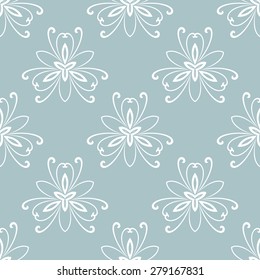 Floral vector oriental blue background with white arabesque and floral elements. Seamless abstract texture and background