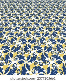 Floral vector ornament. Abstract classic background with blue and golden leaves. Pattern with repeating floral elements. Ornament for wallpaper and packaging