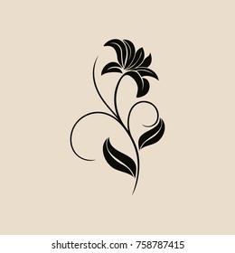 Floral vector ornament. Flower and leaves. Black pattern on a beige background.