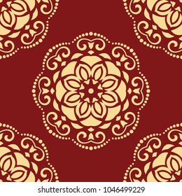 Floral vector ornament. Seamless abstract classic red and golden background with flowers. Pattern with repeating floral elements