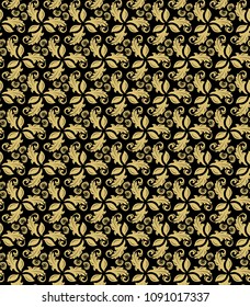 Floral vector ornament. Seamless abstract classic background with flowers. Pattern with golden repeating floral elements. Ornament for fabric, wallpaper and packaging