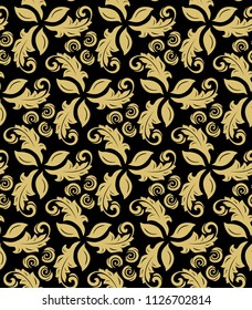 Floral vector ornament. Seamless abstract classic background with flowers. Pattern with repeating floral elements. Black and golden ornament for fabric, wallpaper and packaging