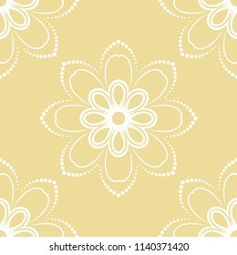 Floral vector ornament. Seamless abstract classic background with flowers. Yellow and white pattern with repeating floral elements. Ornament for fabric, wallpaper and packaging