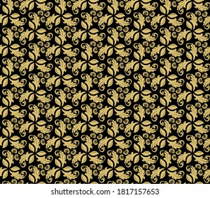 Ornamento vectorial floral. Un fondo clásico abstracto y sin inconvenientes con flores. Patrón negro y dorado con elementos florales repetidos. Ornamento para tejidos, papel pintado y embalaje