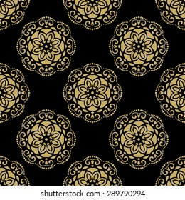 Floral vector ornament. Seamless abstract oriental black and golden pattern