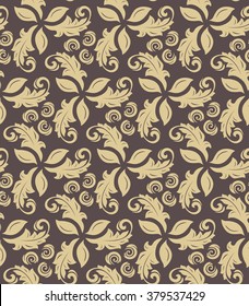 Floral vector ornament. Seamless abstract classic pattern with golden leafs and flowers