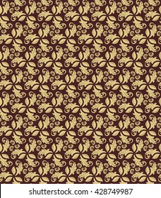 Floral vector ornament. Seamless abstract classic pattern with flowers. Brown and golden pattern
