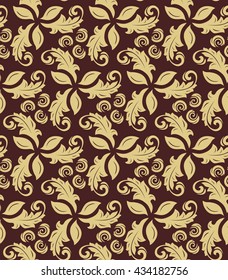 Floral vector ornament. Seamless abstract classic pattern with flowers. Brown and golden pattern