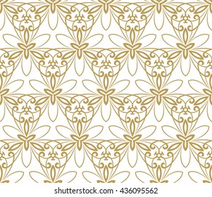 Floral vector ornament. Seamless abstract classic pattern with flowers. Golden and white pattern