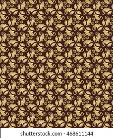 Floral vector ornament. Seamless abstract classic pattern with flowers. Brown and golden pattern
