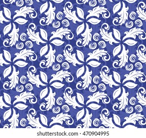 Floral vector ornament. Seamless abstract classic pattern with flowers. Blue and white pattern