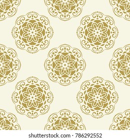 Floral vector ornament. Seamless abstract classic background with flowers. Pattern with golden repeating floral elements